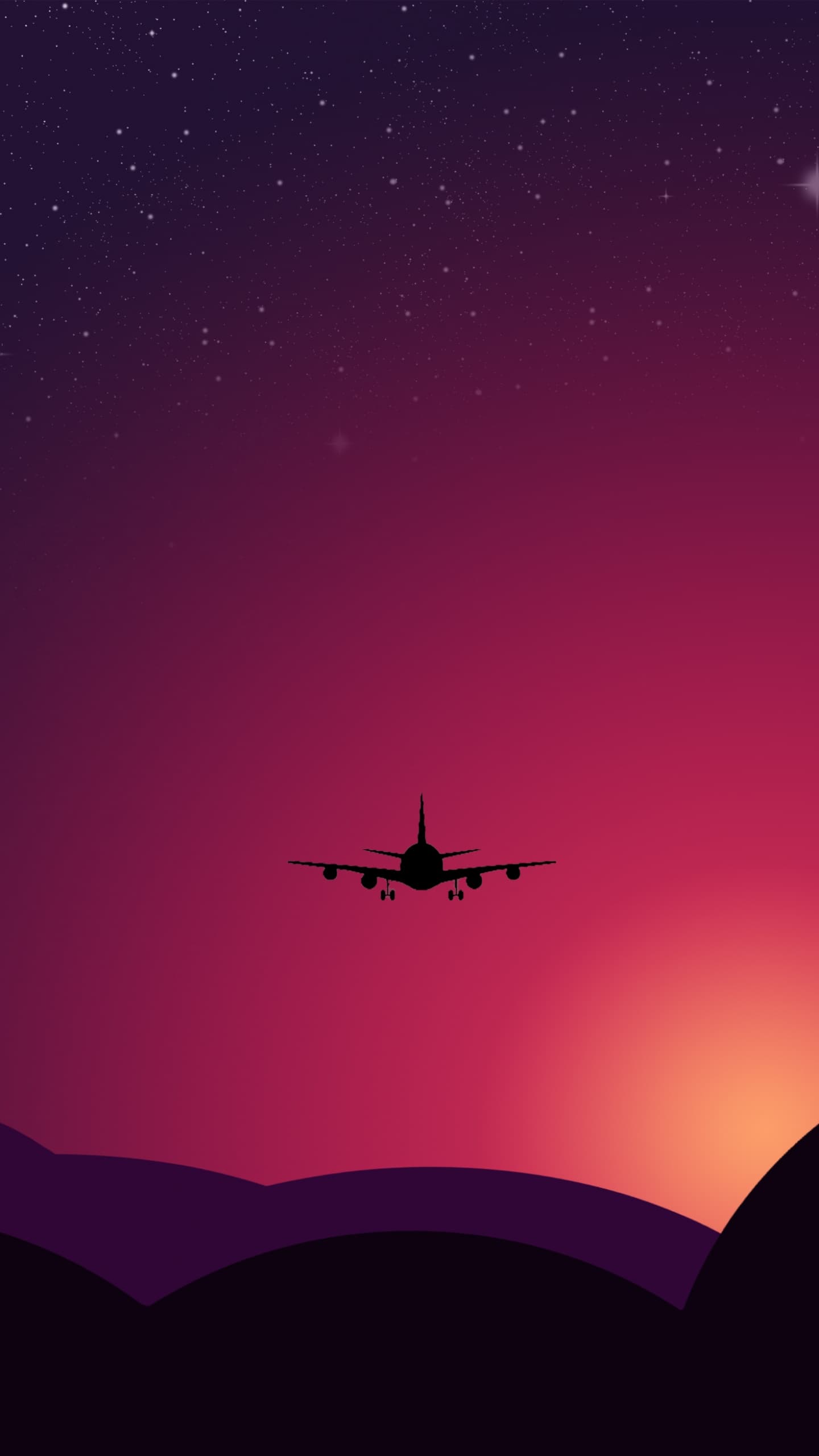 Plane Sunset Starry Sky Illustration Red Sky x