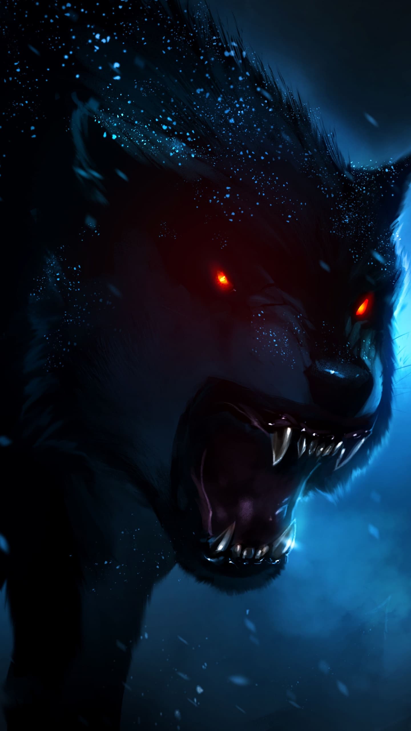 Black Wolf Red Eyes Snow Fall Dark Background Night Time x