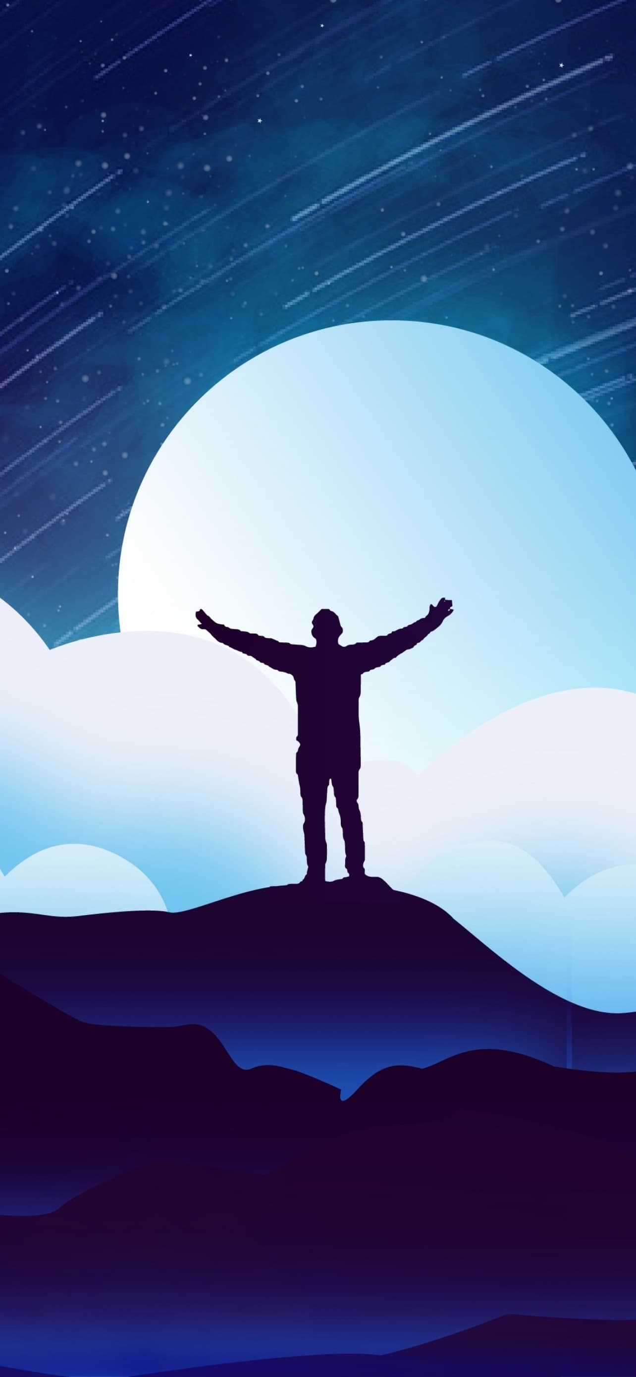 Man Alone Silhouette Moon Night Clouds Illustration Starry x