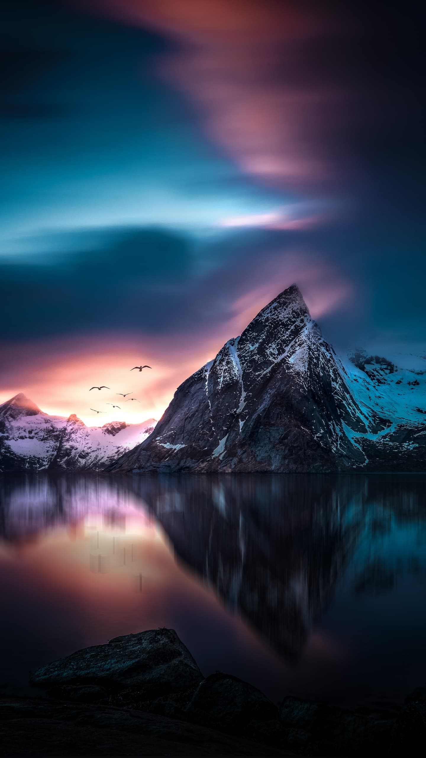 Mountains Peak Lake Reflection Winter Cold Sunset Scenic x - free HD phone wallpaper for iPhone and Android, 1284x2778