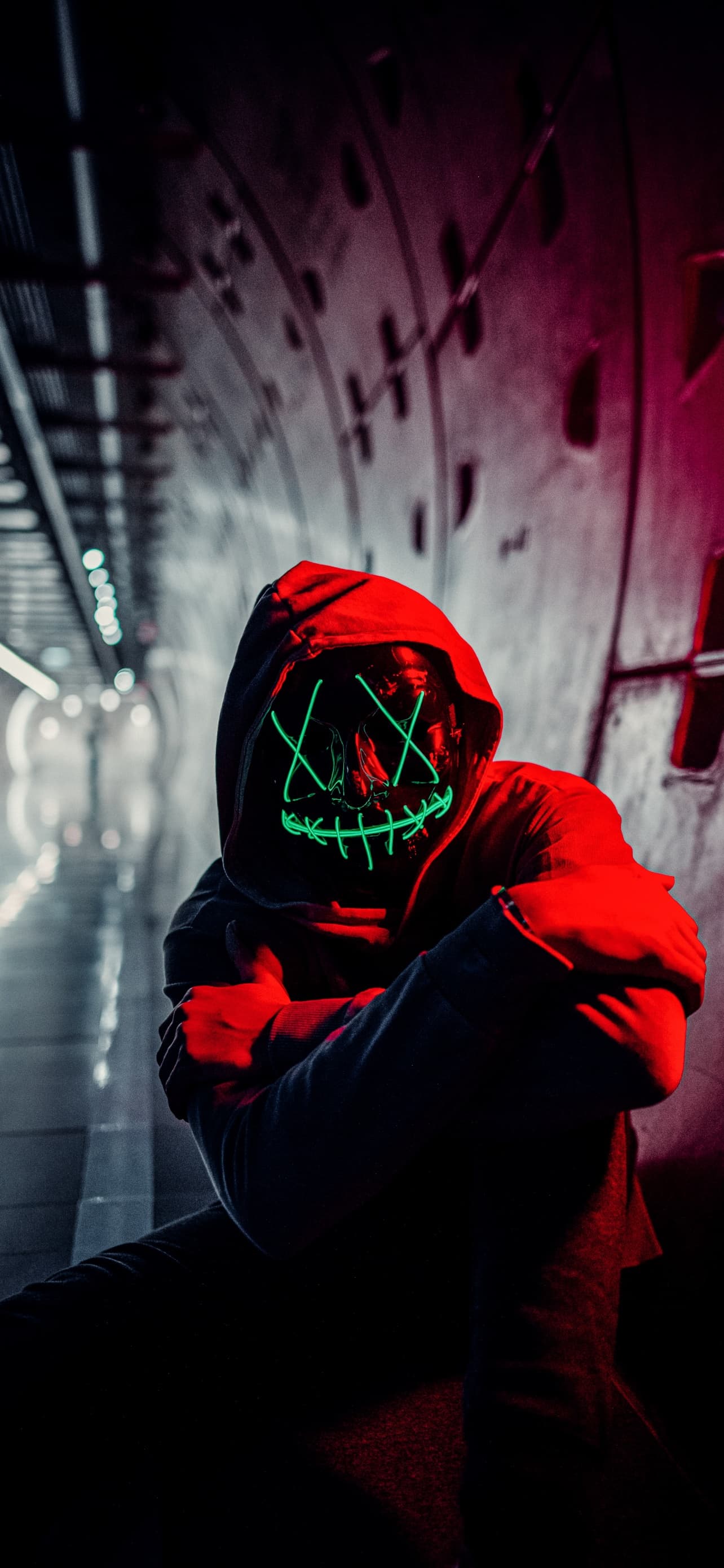 Neon Mask Red Hoodie Tunnel Portrait Face Mask Anonymous 5k x - free HD phone wallpaper for iPhone and Android, 1284x2778