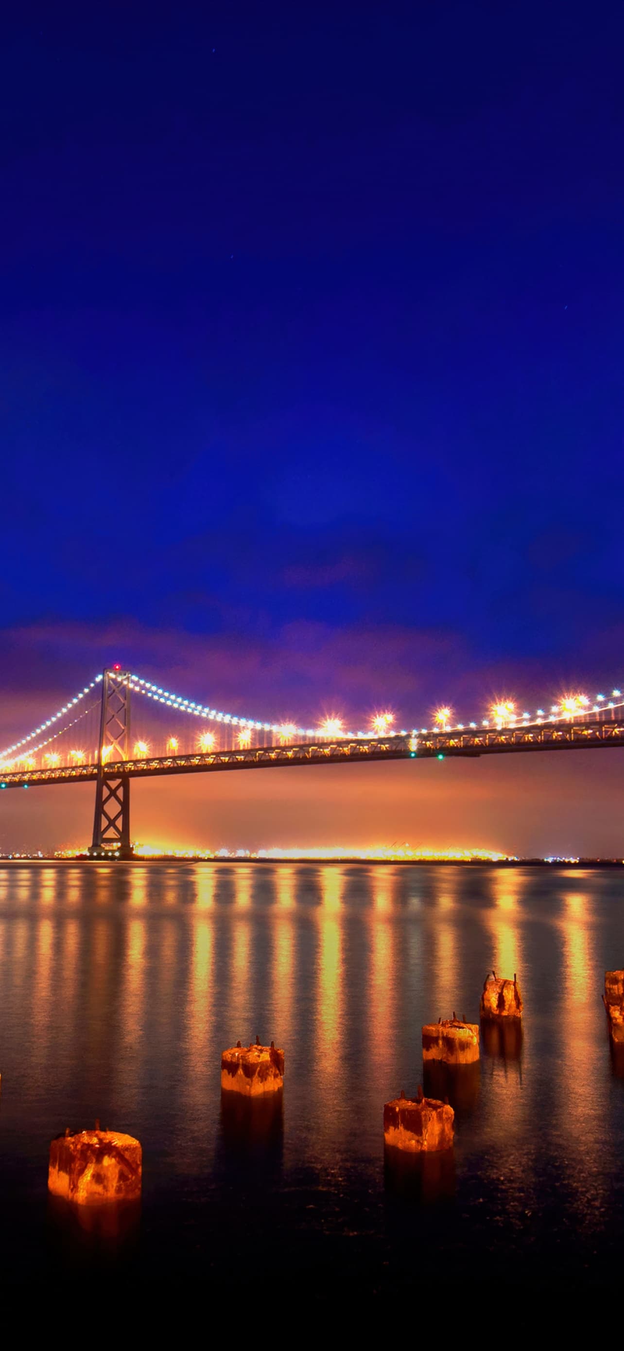 San Francisco Oakland Bay Bridge Night Reflections Blue x - free HD phone wallpaper for iPhone and Android, 1284x2778
