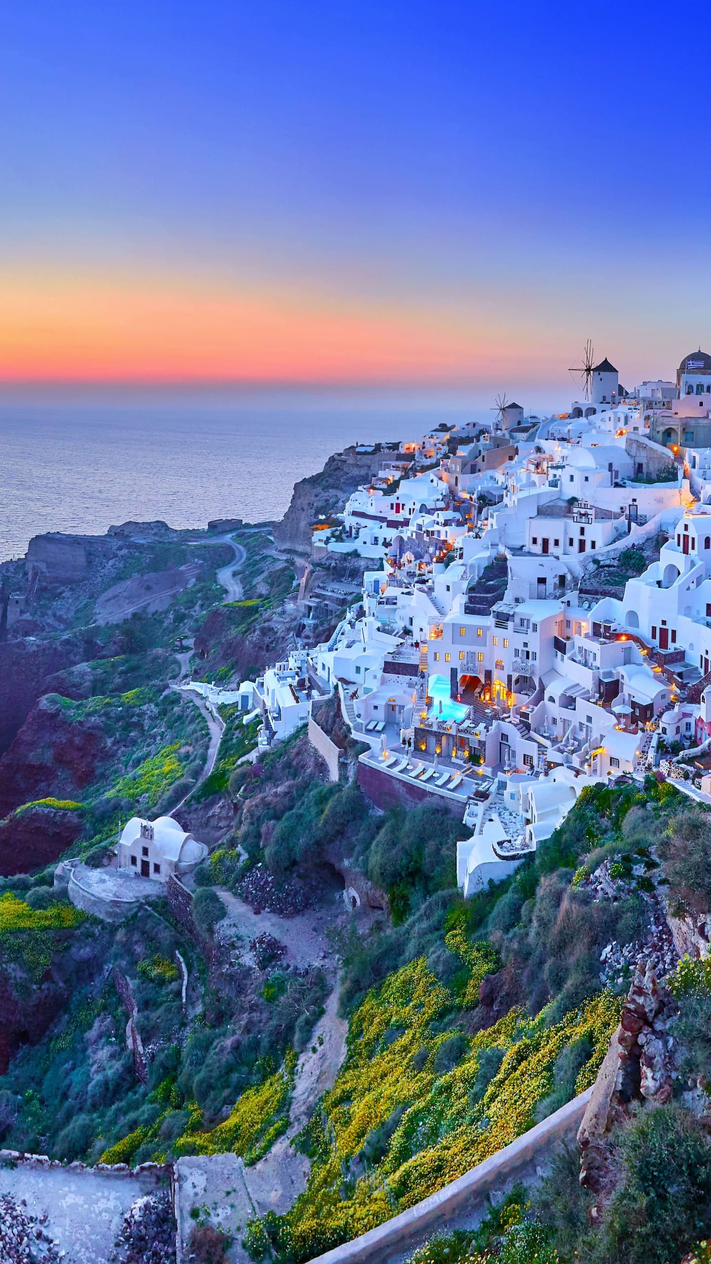 Santorini Island Thira Aegean Sea Fira Town Greece Dusk x - free HD phone wallpaper for iPhone and Android, 1284x2778