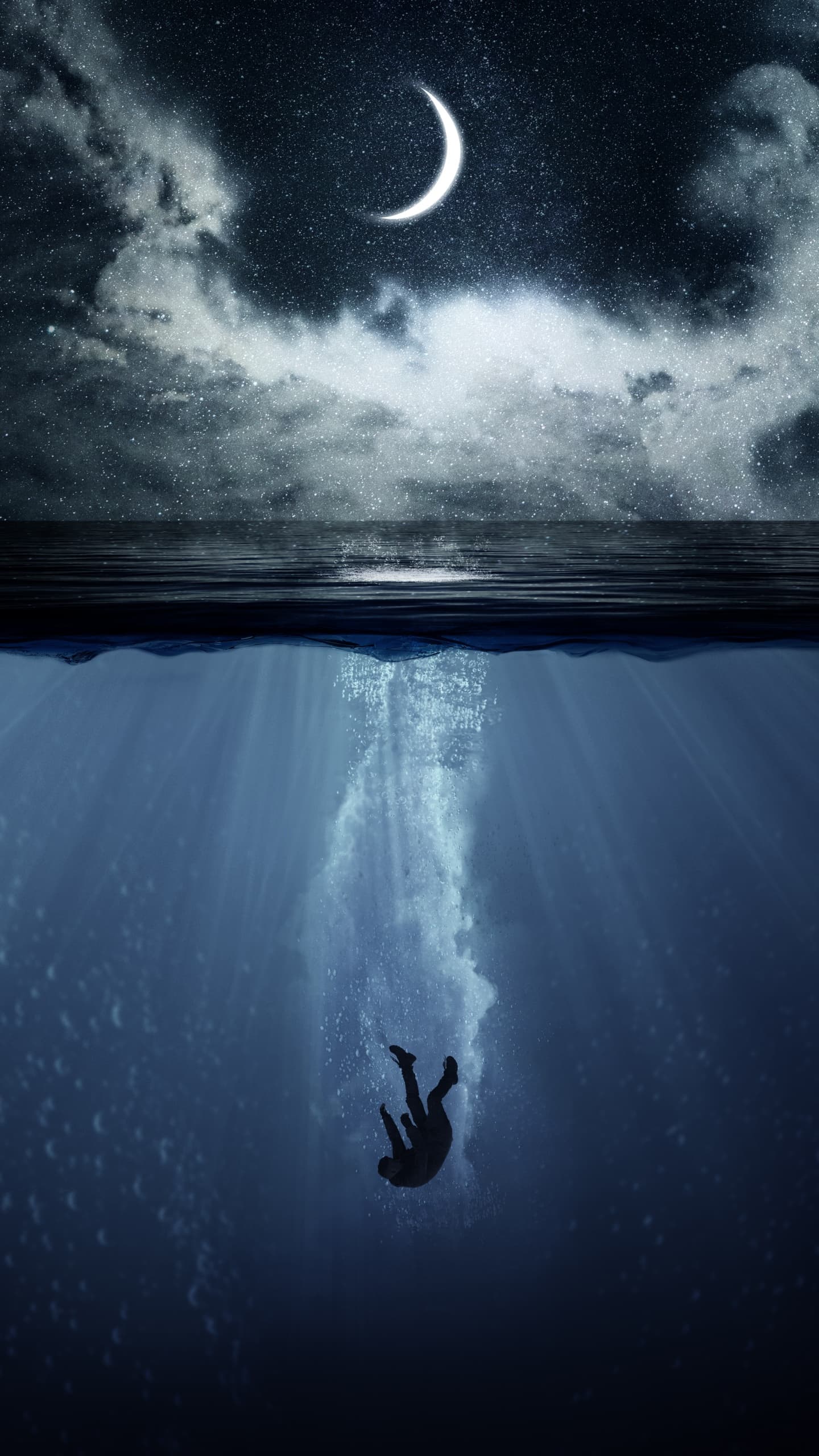 Underwater Crescent Moon Ocean Waves Horizon Illustration x - free HD phone wallpaper for iPhone and Android, 1284x2778