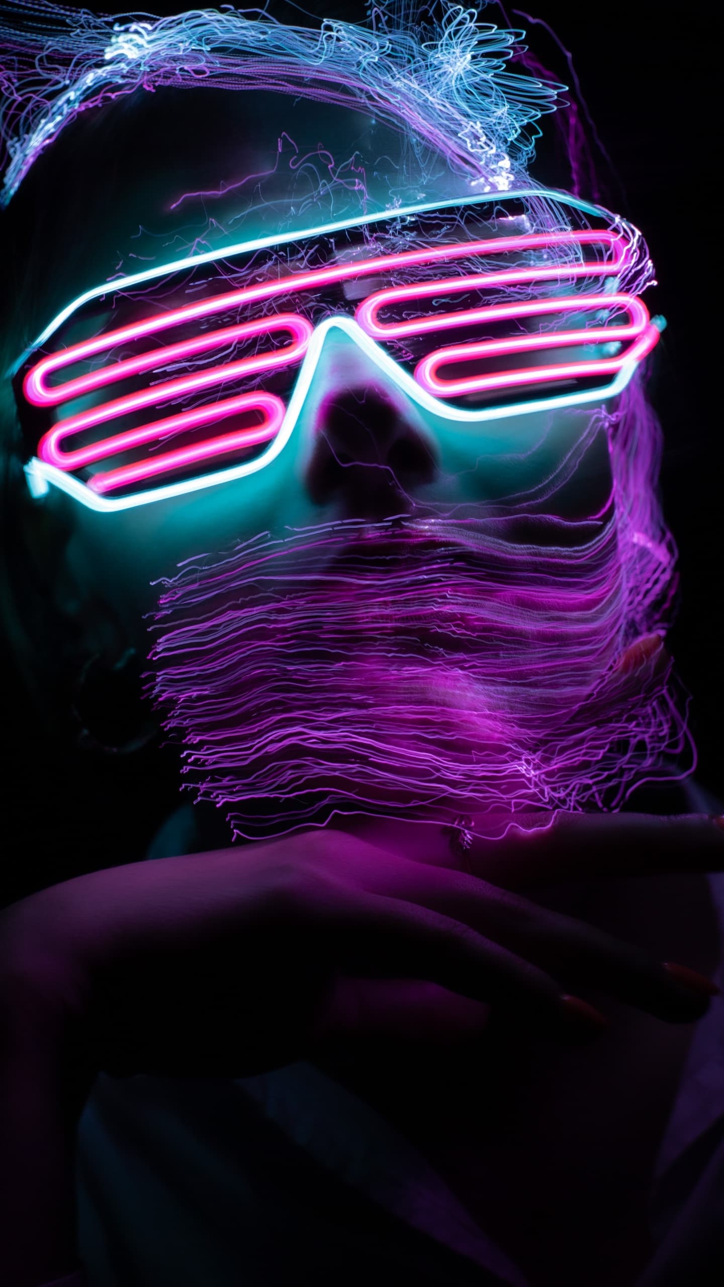 Woman Face Light Paint Dark Background Neon Glasses x